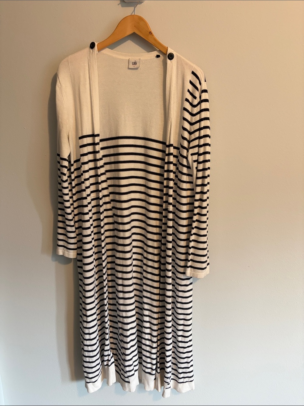 CAbi Navy and White Striped Long Sleeve Open-Front Cardigan